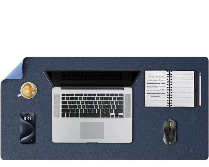 Black Shark Non-Slip Leather Desk Pad, Keyboard Gaming Mouse Mat (31.4" x 15.7" x 0.12"), Large Desk Cover, Waterproof Writing Pad, Suitable for Office, Home - Manta P9 Dark Blue