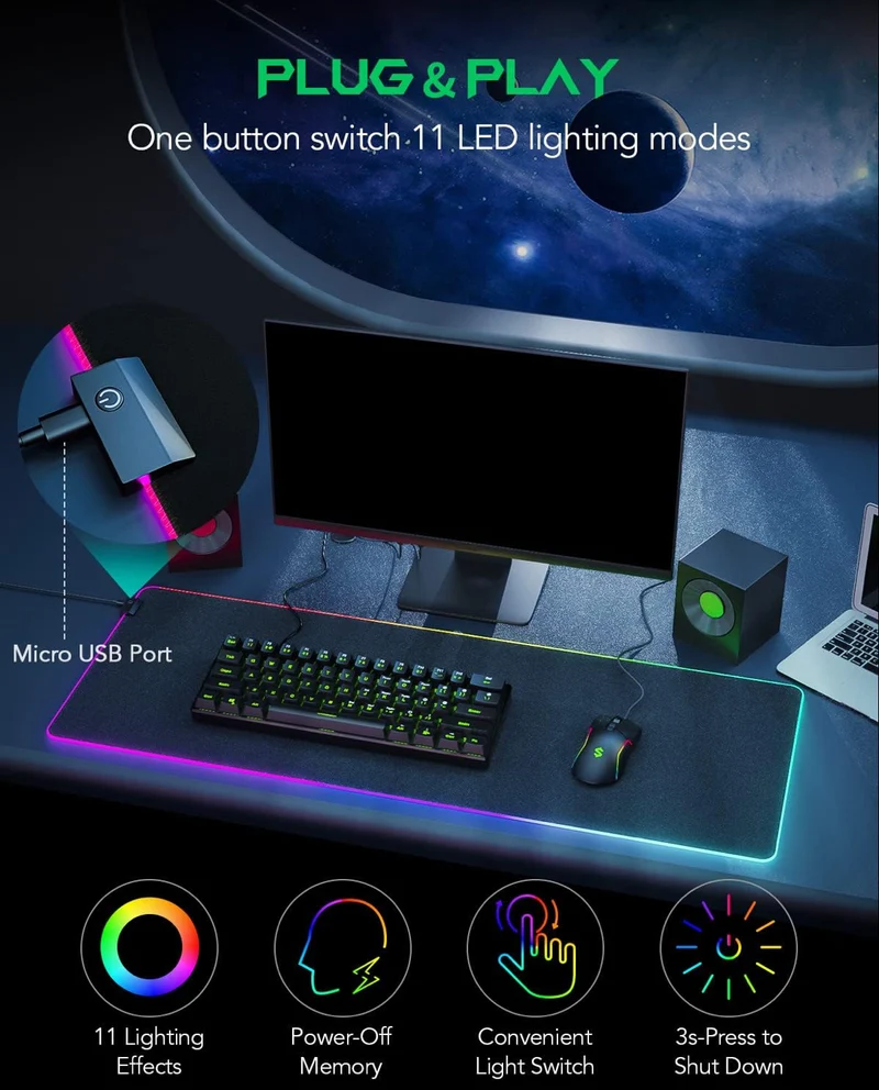Black Shark RGB 35.4"x15.75"x0.15" Extended Desk Mat with Smooth Surface Manta P7