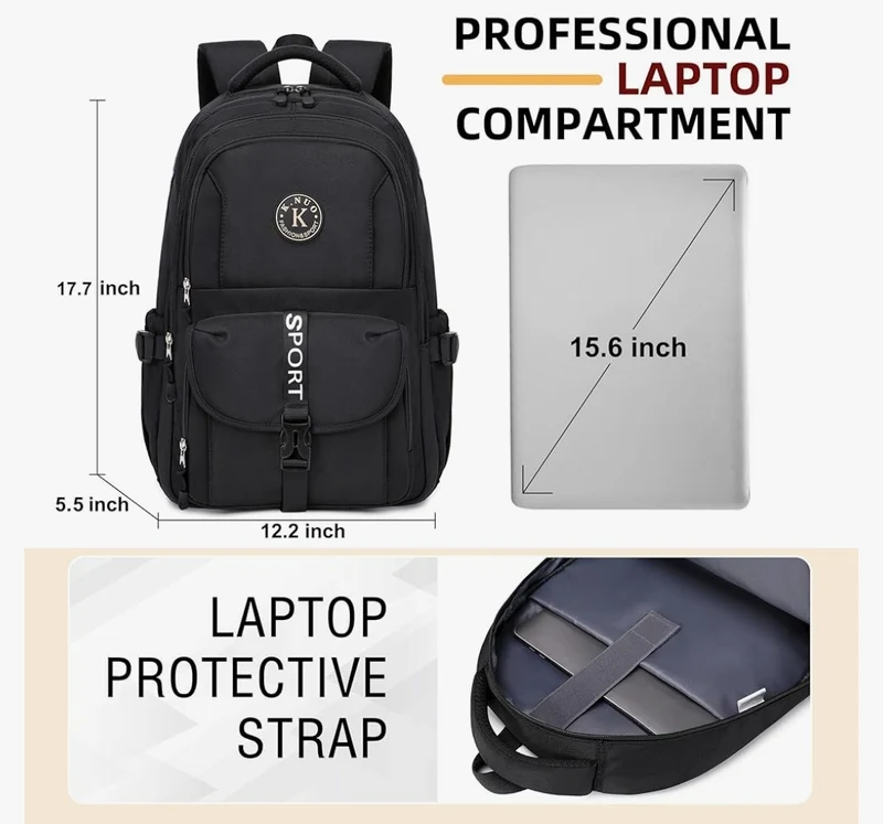 College Backpack, Travel Laptop Backpacks, Large Kids School Bag for Teens Girls Boys Students Bookbag Fit for 15.6 Inch Computer Waterproof Business Work Back Pack for Women Men Daypack Black