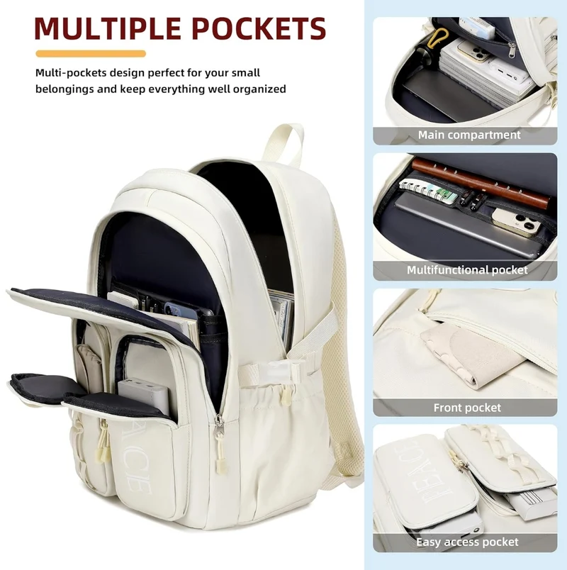 College Bookbag Laptop Backpacks 15.6 Inch Kids Elementary School Bag for Teens Girls Boys Water Resistant Sport Travel Back Pack Women Men Work Business Computer Rucksack Off White