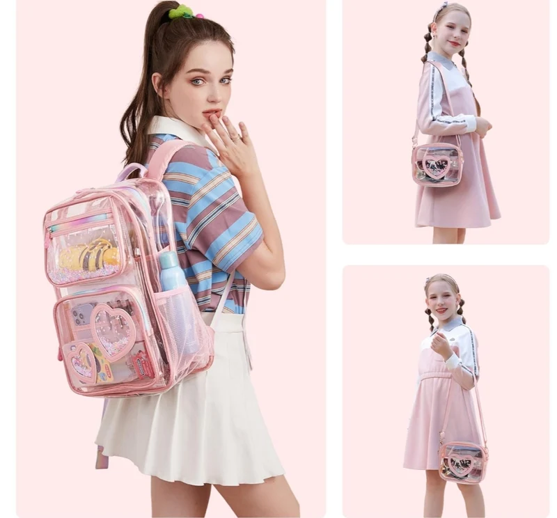 Girls Clear Backpack,2 PCS Large Backpacks Set,Heavy Duty Bookbag Stadium Approved Daypack Transparent Women Bag See Through Daypack for Kids Elementary Middle School Students Teens Sport Pink