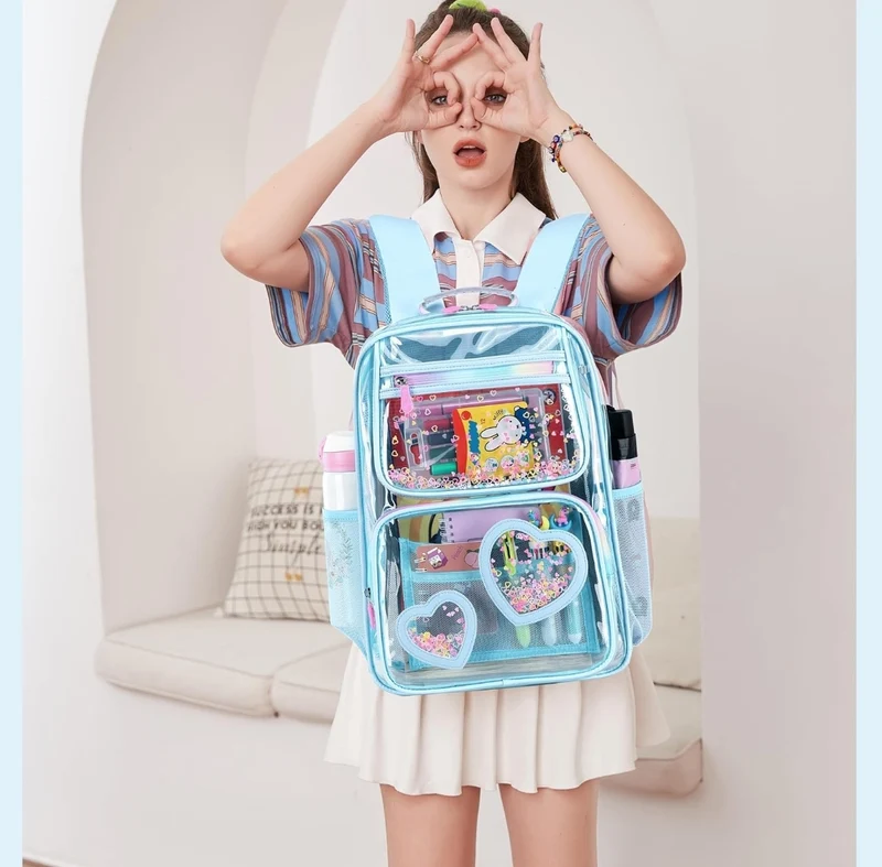 Clear Backpack for Girls Women Transparent Kids Elementary College School Bag Travel Laptop Backpacks Large Bookbags (Blue)