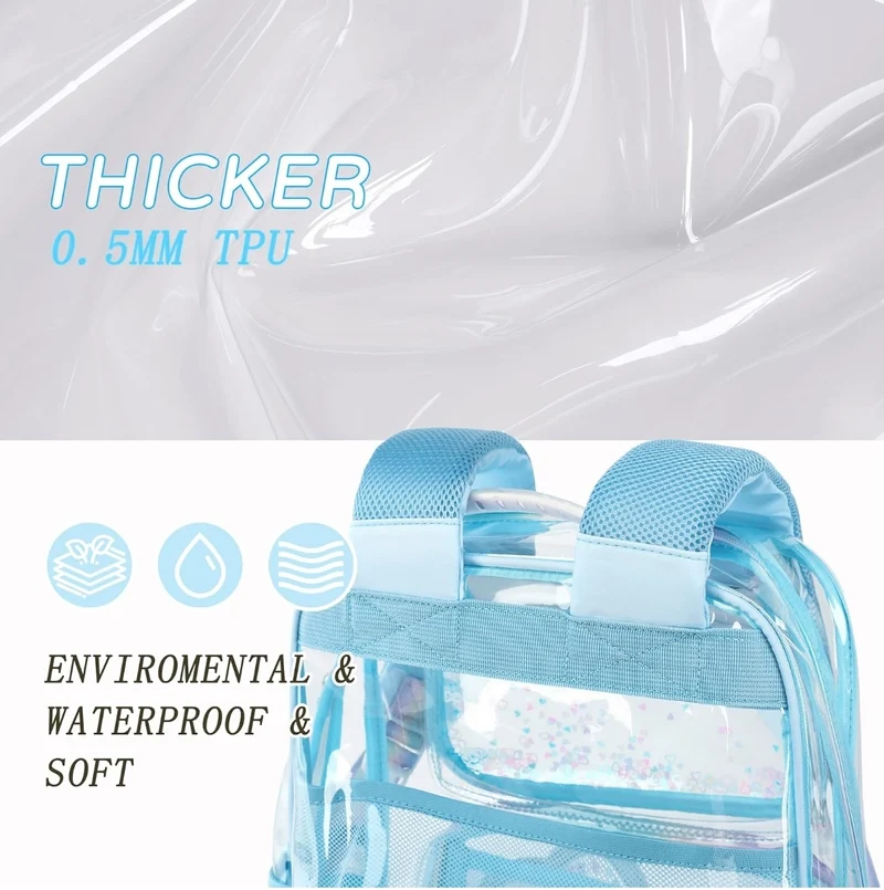 Clear Backpack for Girls Women Transparent Kids Elementary College School Bag Travel Laptop Backpacks Large Bookbags (Blue)