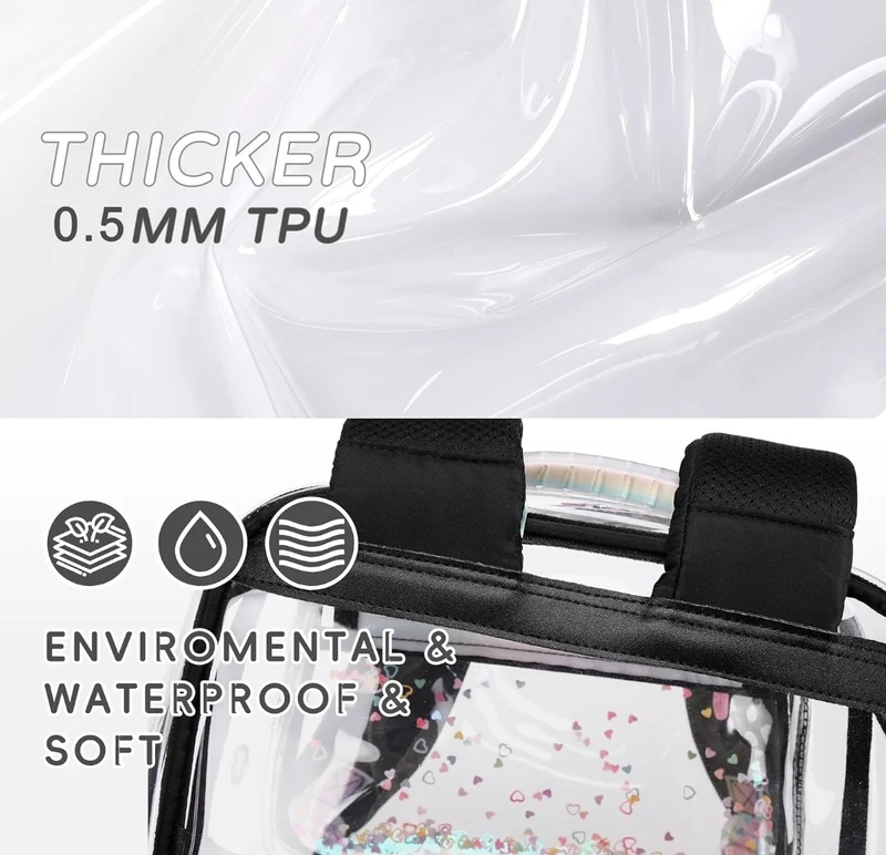 Clear Backpack for Girls Women Transparent Kids Elementary College School Bag Travel Laptop Backpacks Large Bookbags (Black)