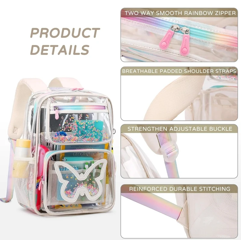 Clear Backpack for Girls Women Transparent Kids Elementary College School Bag Travel Laptop Backpacks Large Bookbags (Beige)