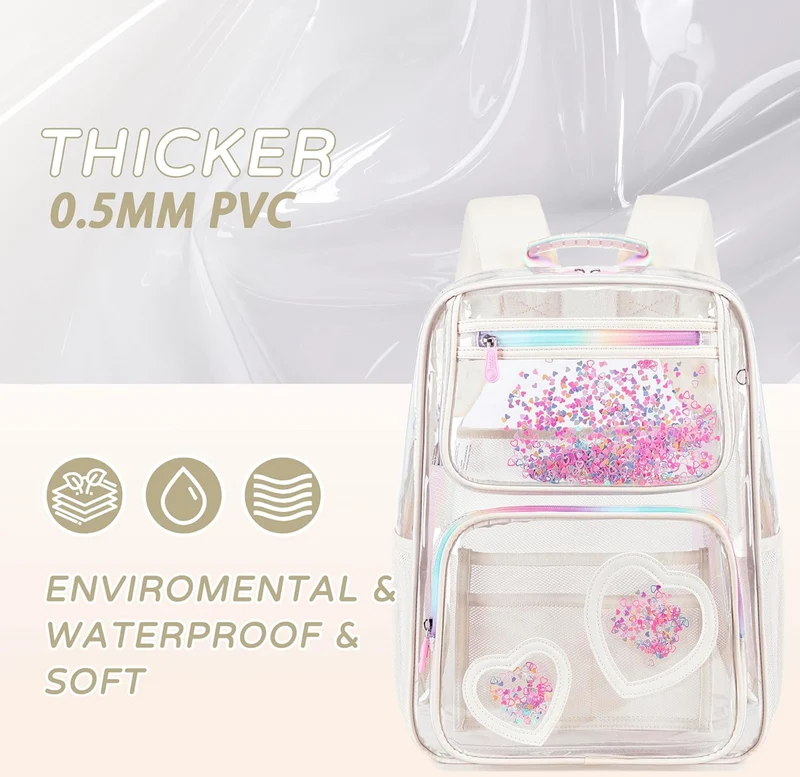 Clear Backpack for Girls Women Transparent Kids Elementary College School Bag Travel Laptop Backpacks Large Bookbags (Off-white)
