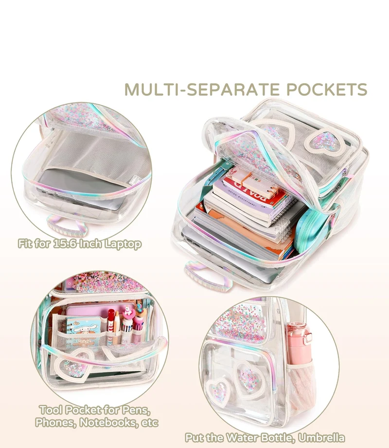 Clear Backpack for Girls Women Transparent Kids Elementary College School Bag Travel Laptop Backpacks Large Bookbags (Off-white)