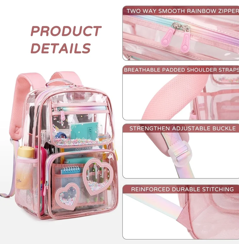 Clear Backpack for Girls Women Transparent Kids Elementary College School Bag Travel Laptop Backpacks Large Bookbags (Pink)