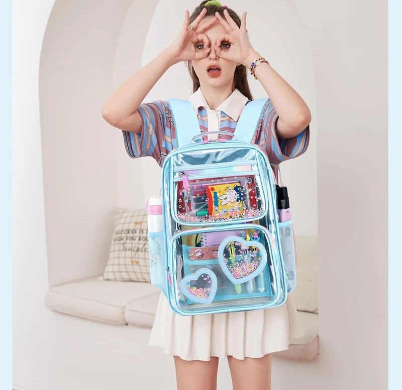 Clear Backpack for Girls Women Transparent Kids Elementary College School Bag Travel Laptop Backpacks Large Bookbags (Blue)