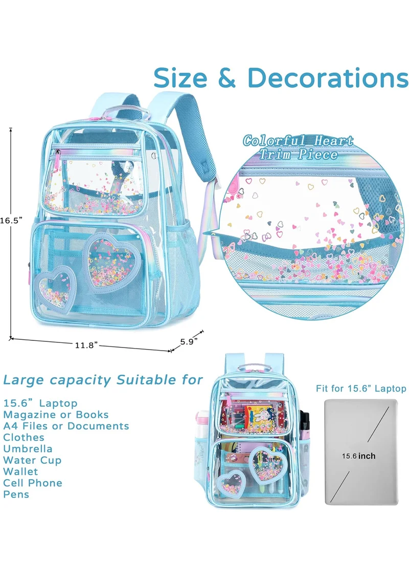 Clear Backpack for Girls Women Transparent Kids Elementary College School Bag Travel Laptop Backpacks Large Bookbags (Blue)