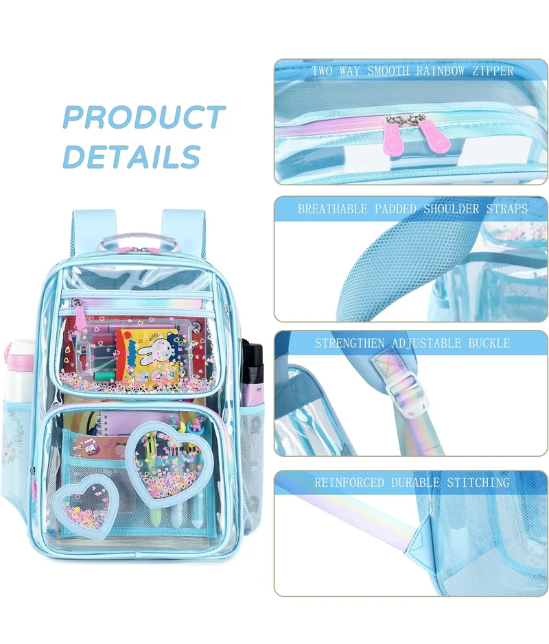 Clear Backpack for Girls Women Transparent Kids Elementary College School Bag Travel Laptop Backpacks Large Bookbags (Blue)