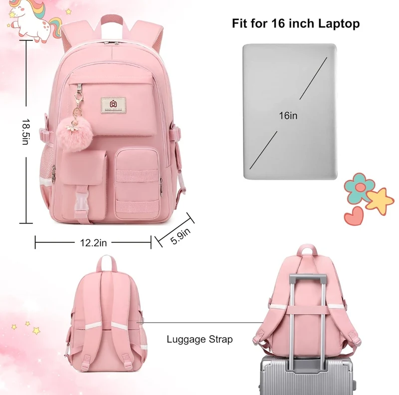 Backpack for Girls Laptop Backpacks 15.6 Inch College Cute Bookbag Anti Theft Primary Elementary School Bag Casual Daypack for Students Teens Girl Women (Pink)