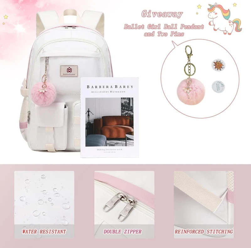 Backpack for Girls Laptop Backpacks 15.6 Inch College Cute Bookbag Anti Theft Primary Elementary School Bag Casual Daypack for Students Teens Girl Women (Beige)