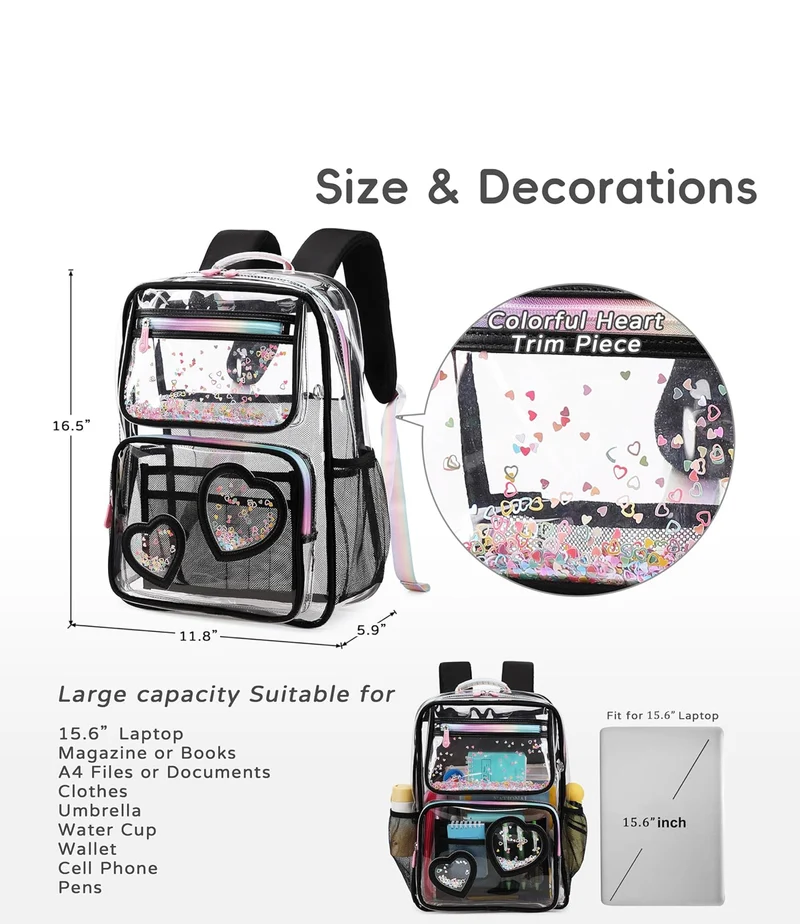 Clear Backpack for Girls Women Transparent Kids Elementary College School Bag Travel Laptop Backpacks Large Bookbags (Black)