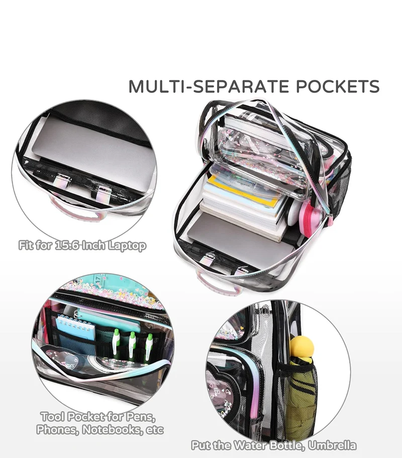 Clear Backpack for Girls Women Transparent Kids Elementary College School Bag Travel Laptop Backpacks Large Bookbags (Black)