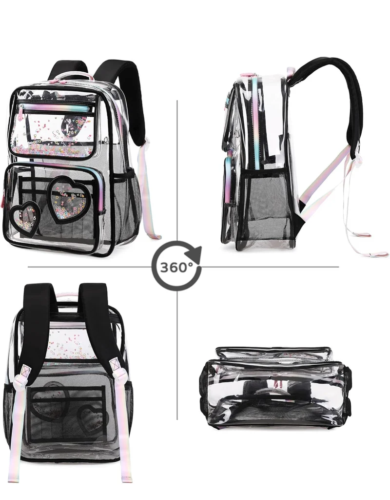 Clear Backpack for Girls Women Transparent Kids Elementary College School Bag Travel Laptop Backpacks Large Bookbags (Black)