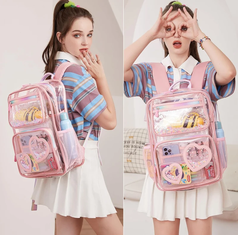 Clear Backpack for Girls Women Transparent Kids Elementary College School Bag Travel Laptop Backpacks Large Bookbags (Pink)