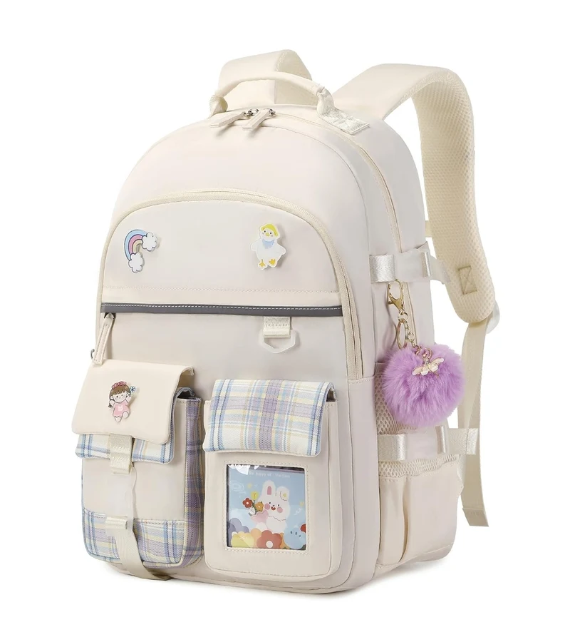 Backpack for Girls, 15.6 Inch Laptop School Bag Kids Kindergarten Elementary College Backpacks Large Bookbags for Teen Girl Women Students Casual Travel Daypacks (Beige)