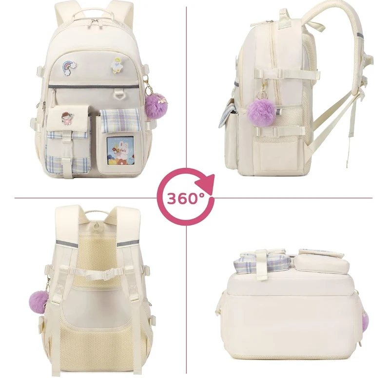 Backpack for Girls, 15.6 Inch Laptop School Bag Kids Kindergarten Elementary College Backpacks Large Bookbags for Teen Girl Women Students Casual Travel Daypacks (Beige)