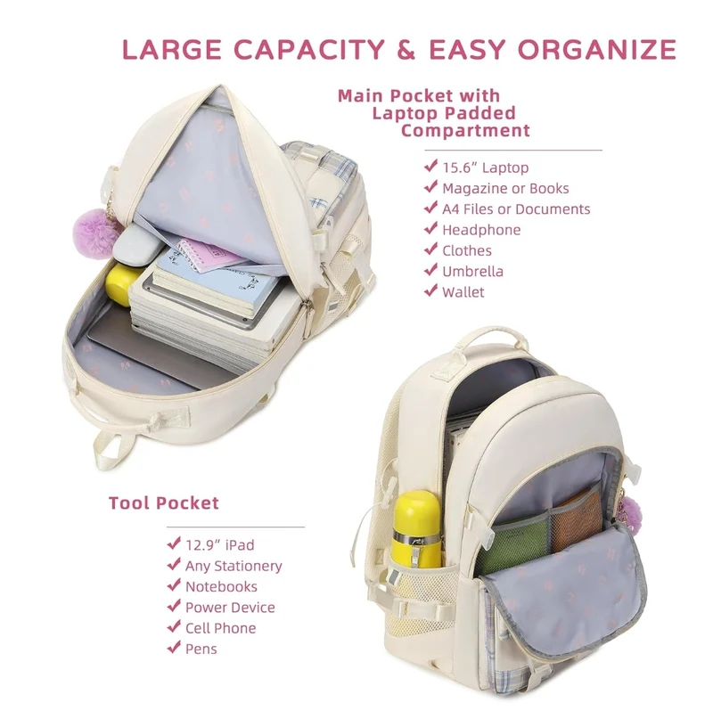 Backpack for Girls, 15.6 Inch Laptop School Bag Kids Kindergarten Elementary College Backpacks Large Bookbags for Teen Girl Women Students Casual Travel Daypacks (Beige)