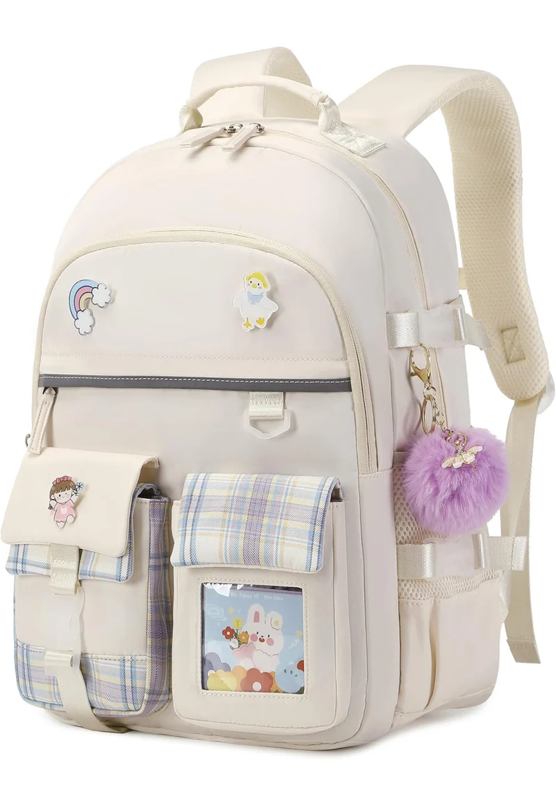 Backpack for Girls, 15.6 Inch Laptop School Bag Kids Kindergarten Elementary College Backpacks Large Bookbags for Teen Girl Women Students Casual Travel Daypacks (Beige)