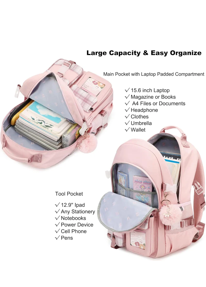 Backpack for Girls, 15.6 Inch Laptop School Bag Kids Kindergarten Elementary College Backpacks Large Bookbags for Teen Girl Women Students Casual Travel Daypacks (Pink)