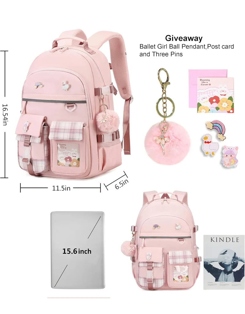 Backpack for Girls, 15.6 Inch Laptop School Bag Kids Kindergarten Elementary College Backpacks Large Bookbags for Teen Girl Women Students Casual Travel Daypacks (Pink)