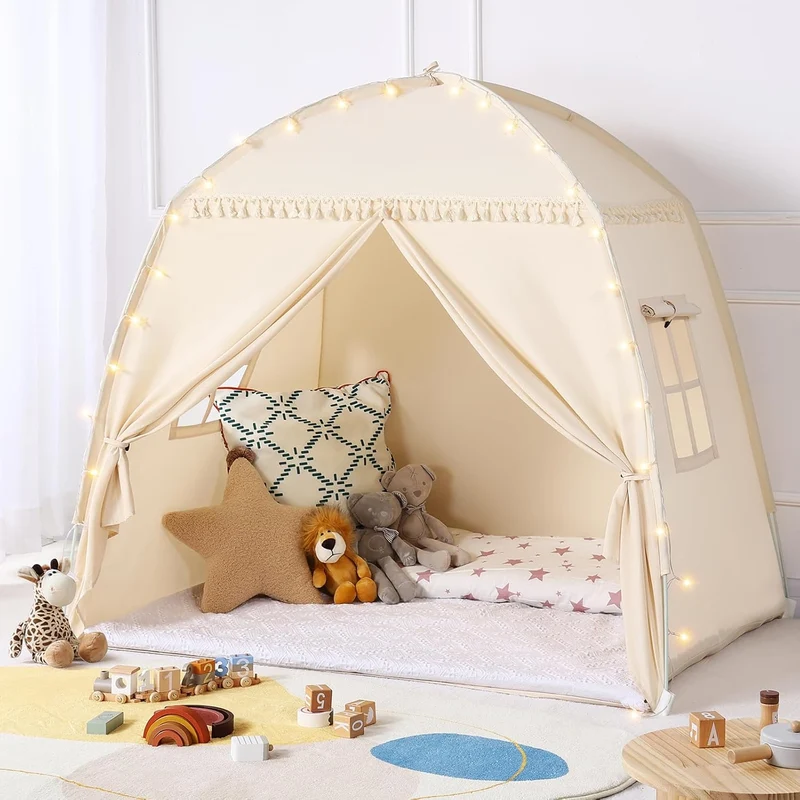 Medium Toddlers Bed Tent Canopy: with Lights and Flags for Girls and Boys House Gifts - Monobeach Kids Play Tent Indoor Princess Toys - Portable and Foldable Children Playhouse Outdoor