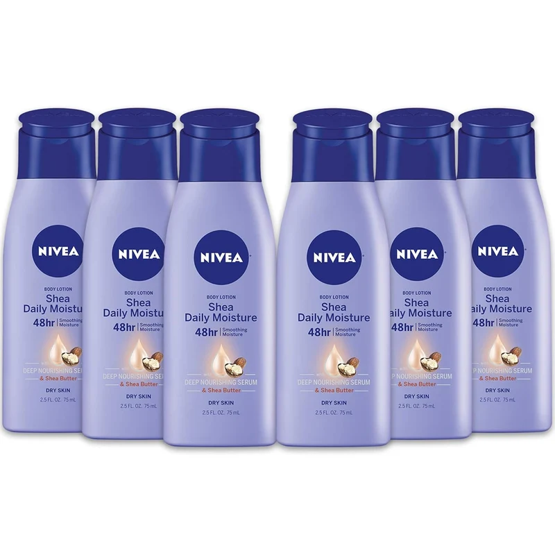NIVEA Shea Nourish Body Lotion for Dry Skin with Hyaluronic Acid, Shea Butter and Deep Nourishing Serum, 48-Hour Body Moisturizer, 2.5 Fl Oz Bottle, Pack of 6