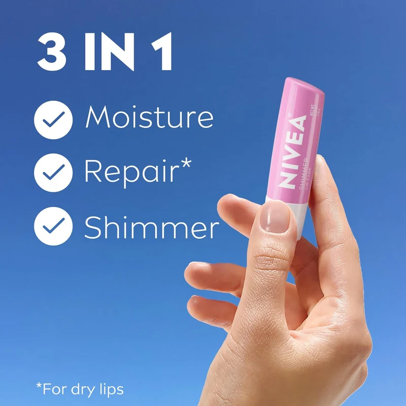 NIVEA Shimmer Lip Care, Shimmery Lip Balm Pack with Shea Butter, Nourishing Oils and Vitamin C & E, 3-in-1 Moisture, Repair and Shimmer, 0.17 Oz Stick, Pack of 4