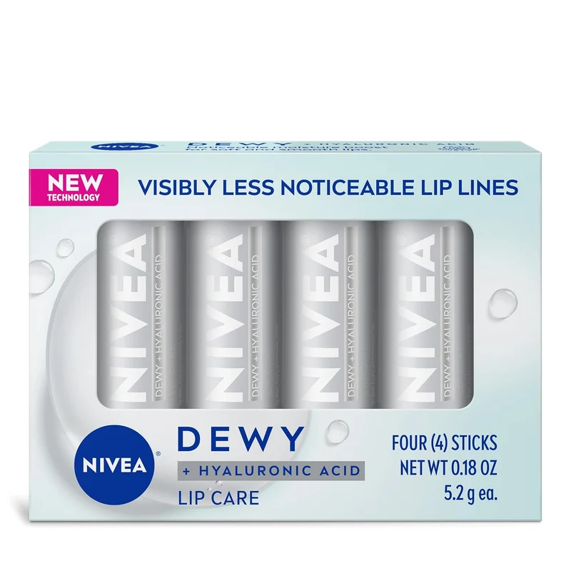 NIVEA Dewy Lip Balm with Hyaluronic Acid, Lightweight and Ultra-Hydrating for All Day Moisture, Leaves Visibly Less Noticeable Lip Lines and No Waxy Feel, 0.18 Oz, Pack of 4