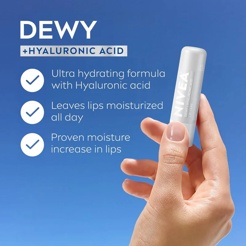 NIVEA Dewy Lip Balm with Hyaluronic Acid, Lightweight and Ultra-Hydrating for All Day Moisture, Leaves Visibly Less Noticeable Lip Lines and No Waxy Feel, 0.18 Oz, Pack of 4