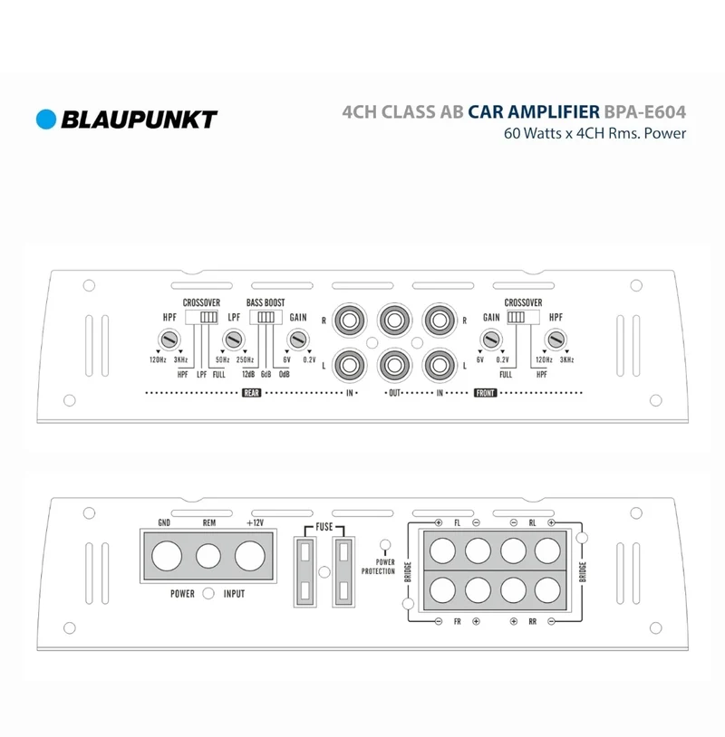 BLAUPUNKT BPA-E604 4-Channel Class AB Car Amplifier - 1800W Max Power, Bridged 360W RMS - Compact Design for Superior Sound Clarity