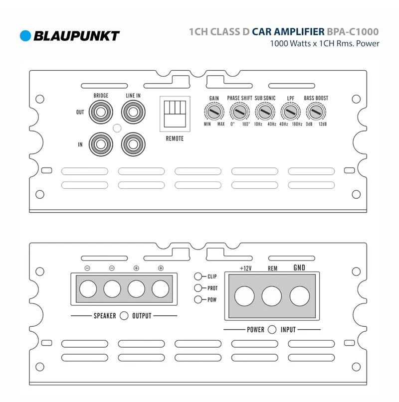 BLAUPUNKT BPA-C1000 Elite C-Series Car Audio Mono Block Class D Amplifier - 1000 Watts x 1-Channel Rms - 2000 Watts Max Power Monoblock Amp - Black