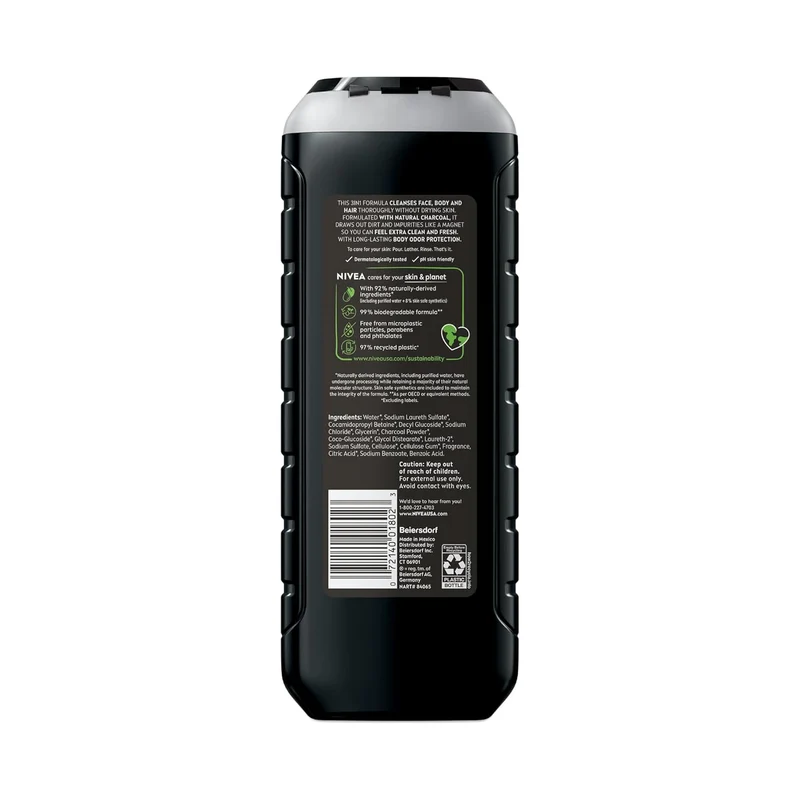 NIVEA Men Active Clean Body Wash with Natural Charcoal for Normal to Oily Skin, 3-in-1 Charcoal Body Wash, Face and Hair, Draws Out Dirt and Impurities, 16.9 Fl Oz Bottle, Pack of 3