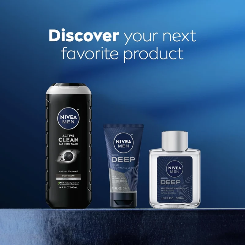 NIVEA Men Active Clean Body Wash with Natural Charcoal for Normal to Oily Skin, 3-in-1 Charcoal Body Wash, Face and Hair, Draws Out Dirt and Impurities, 16.9 Fl Oz Bottle, Pack of 3