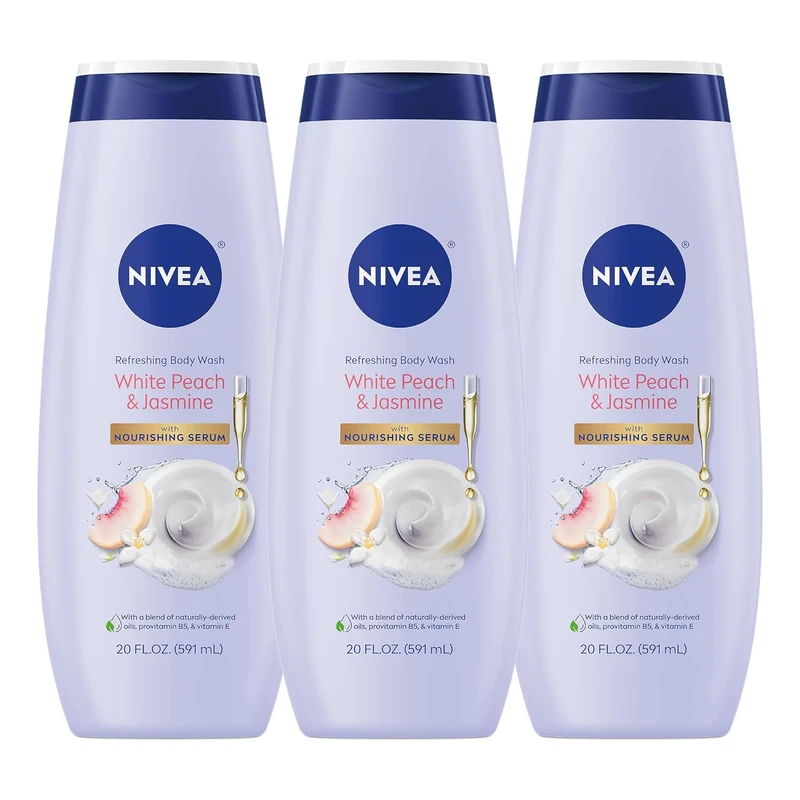 NIVEA Refreshing White Peach and Jasmine Body Wash with Nourishing Serum, Scented Body Wash for Women, Enriched with Provitamin B5 and Vitamin E, 20 Fl Oz Bottle - 3 Pack