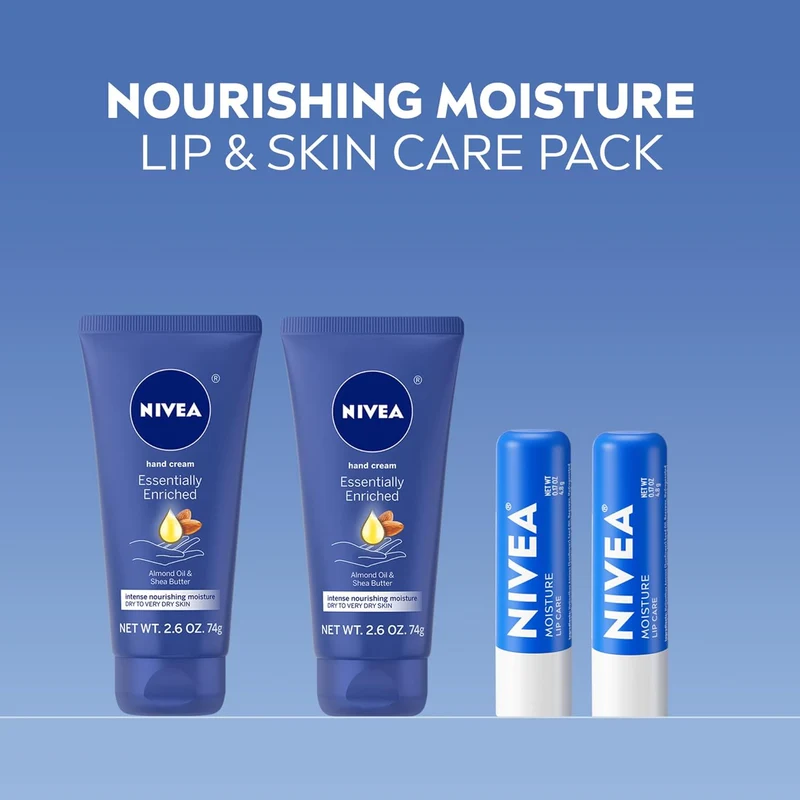 NIVEA Moisturizing Must-Haves Skin Care Set, Essentially Enriched Hand Cream with Almond Oil and Shea Butter, 2.6 Oz Tube (Pack of 2) + Moisture Lip Care Lip Balm, 0.17 Oz Stick (Pack of 2)