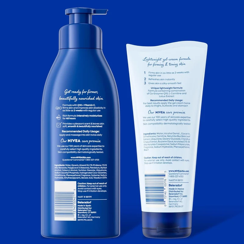 NIVEA Nourishing Hydration Skin Firming Body Lotion (16.9 Fl Oz) + Skin Firming & Toning Body Gel Cream with Hyaluronic Acid (6.7 Oz), Enriched with Q10 and Vitamin C