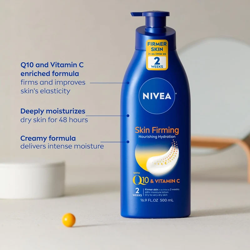 NIVEA Nourishing Hydration Skin Firming Body Lotion (16.9 Fl Oz) + Skin Firming & Toning Body Gel Cream with Hyaluronic Acid (6.7 Oz), Enriched with Q10 and Vitamin C