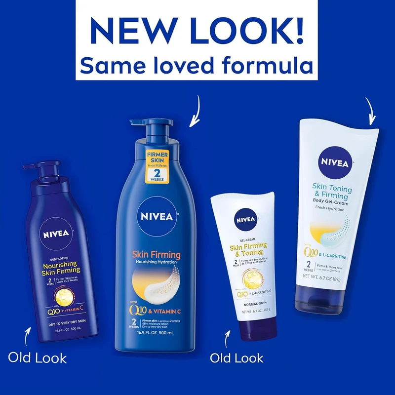 NIVEA Nourishing Hydration Skin Firming Body Lotion (16.9 Fl Oz) + Skin Firming & Toning Body Gel Cream with Hyaluronic Acid (6.7 Oz), Enriched with Q10 and Vitamin C