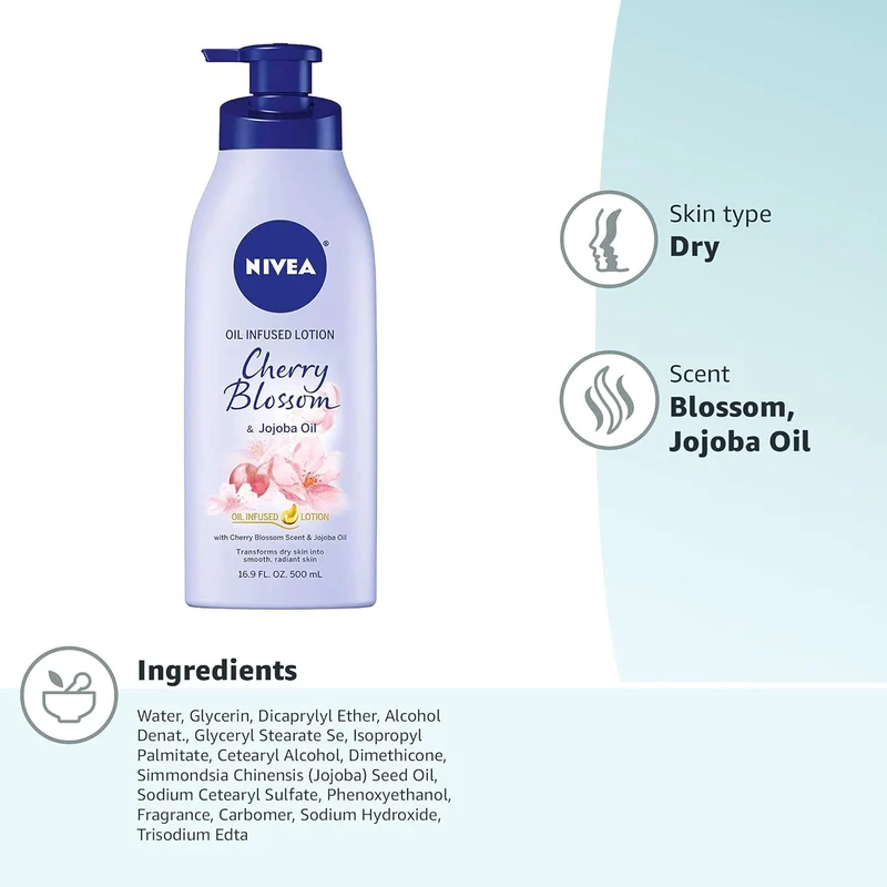 NIVEA Oil Infused Cherry Blossom and Jojoba Oil Body Lotion for Women, Fast-Absorbing and Non-Greasy Cherry Blossom Scented Lotion Moisturizes for 48 Hours, 16.9 Fl Oz Pump Bottle - (2PK)