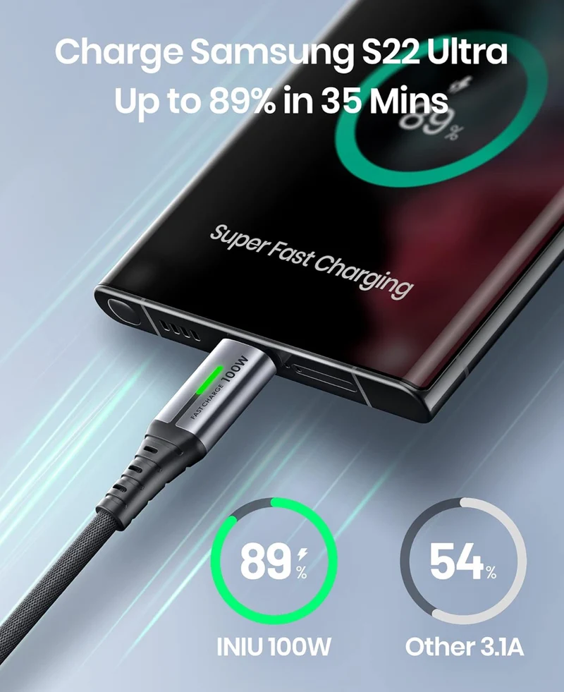 INIU 100W USB C to USB C Cable, [1ft, Black] Short USB C Fast Charger Cable for iPhone 15 Pro Max, Samsung Galaxy S24, MacBook Pro 14, iPad Pro and More.