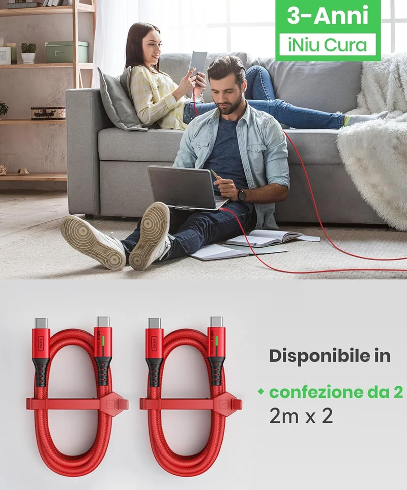 INIU USB C to USB C Cable, [6.6ft, Red] 2-Pack C Cable to C Cable for iPhone 15 Pro Max, Samsung Galaxy S22 S10 A9, MacBook Pro, iPad Air, and More