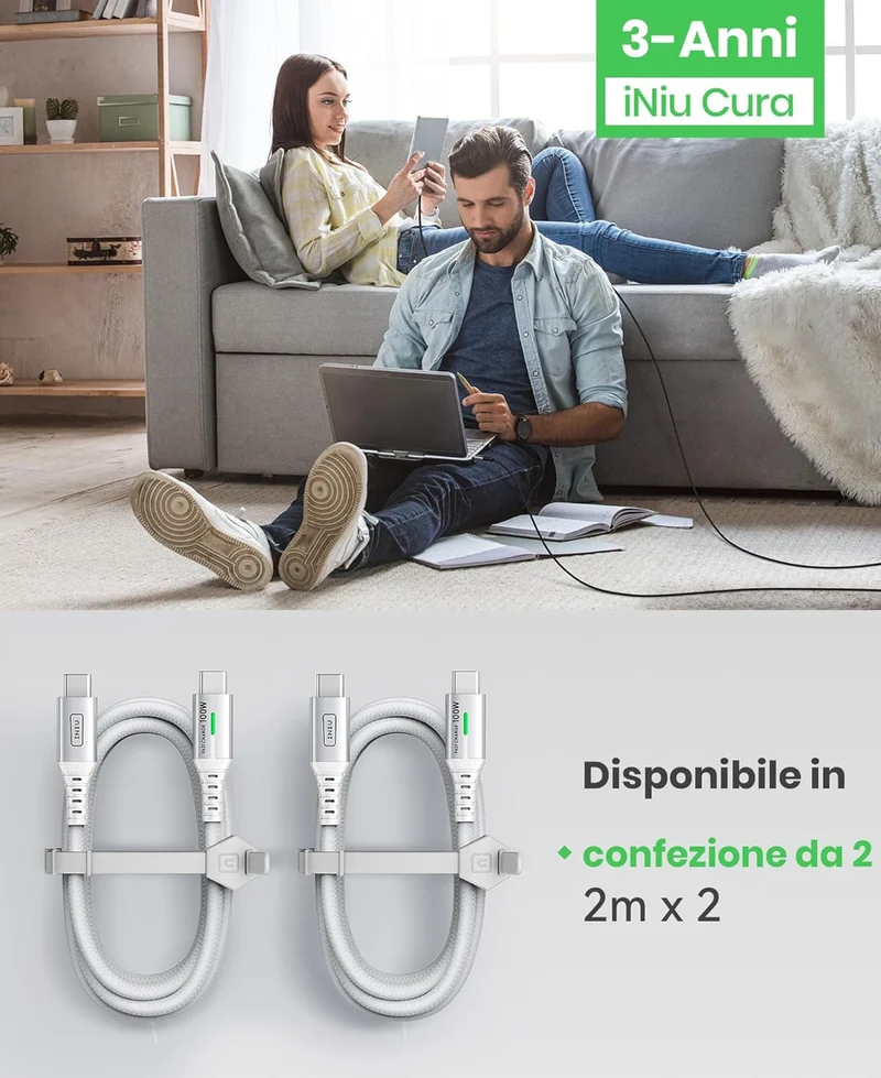 INIU USBC to USBC Cable, [6.6ft, White] 2-Pack USB C to C Fast Charging Cable for iPhone 16 15 Galaxy S23 S21 A71, MacBook, iPad, and More