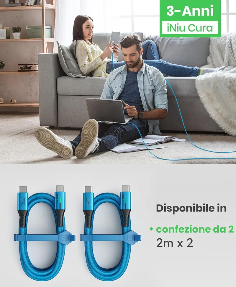 INIU USB-C Cable, [6.6ft, Blue] 2-Pack USBC Cable for iPhone 16 15 Pro Max/Plus, Samsung Galaxy S22 Ultra Note 10, Pixel 7a, MacBook, iPad, and More