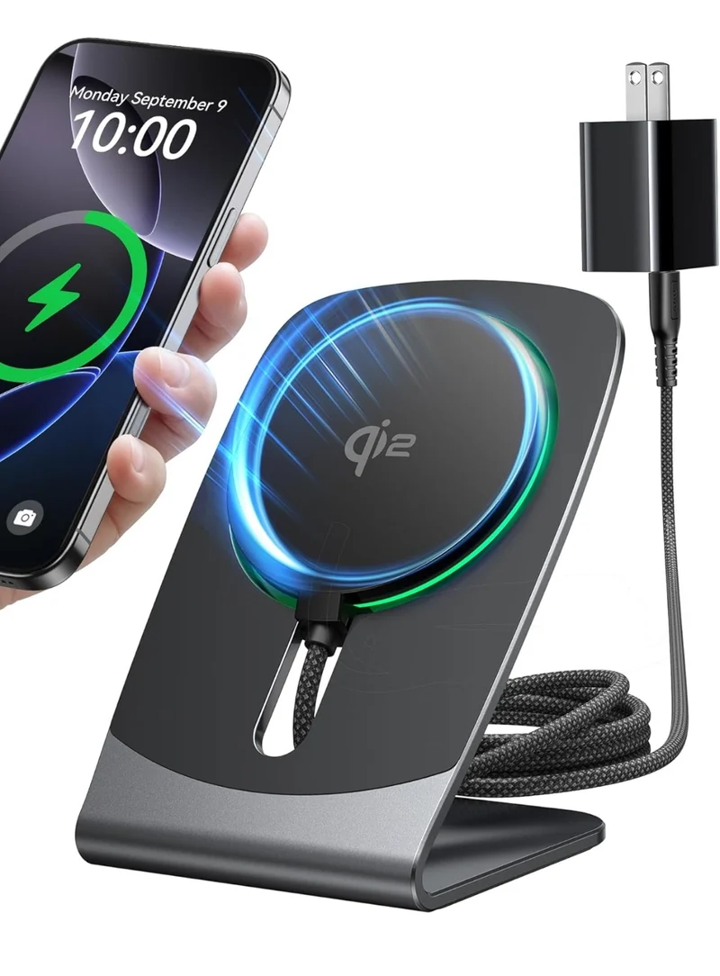 INIU Magnetic Wireless Charger Stand, Qi2 Certified 15W Mag-Safe Wireless Charging Pad with Cooling Fan, Fast Charging Pad for iPhone 16 15 14 13 12 Series AirPods 4 3 2 Pro (with Adapter)