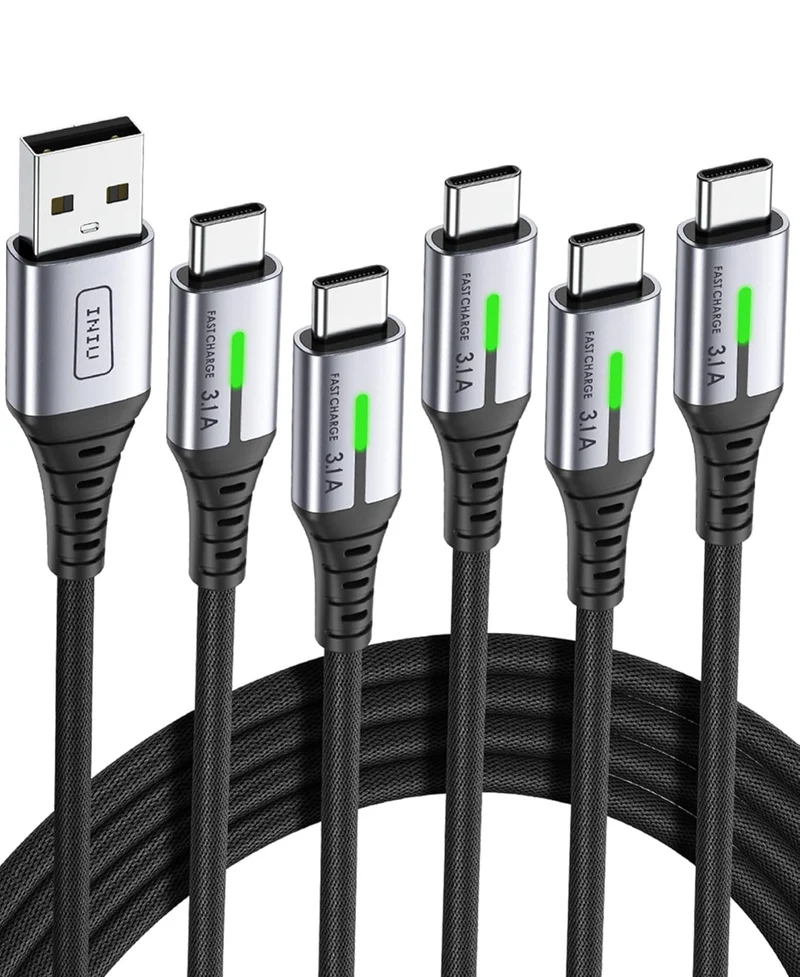 INIU USB to C Cable Fast Charging, [5 Packs, 1.6FT+3.3FT*2+6.6FT*2] 3.1A Type C Cords, Nylon USB-C Phone Charger Cables for iPhone 16 15 Samsung Galaxy S21 S20 S10 A14 Note 10 LG Pixel 9 8 etc