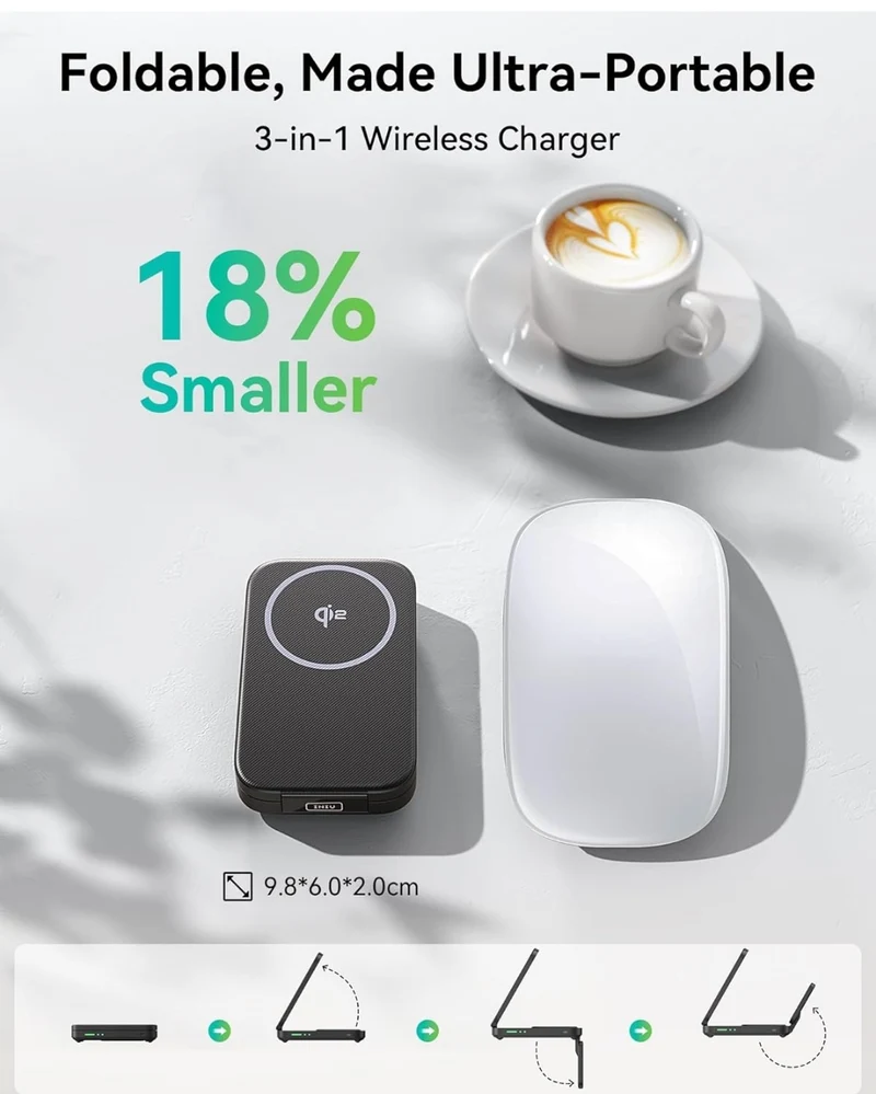 INIU 3 in 1 Wireless Charging Station, Qi2 Certified 15W Travel Charger for Apple Multiple Devices, Foldable Charger Stand for iPhone 16 15 14 13 12 Series Apple Watch AirPods (with Adapter)