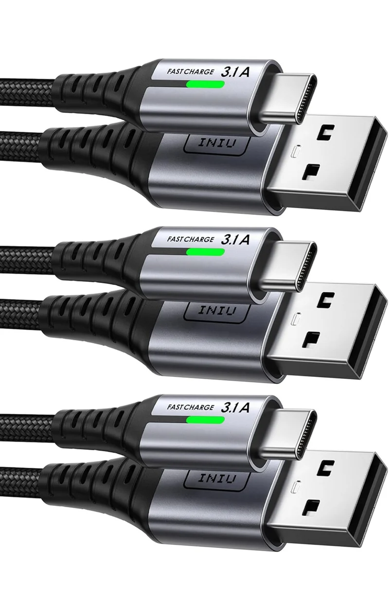 INIU USB to USB C Cable, [3 Pack, 6.6FT+1.6FT] 3.1A Type C Cord Fast Charging, Nylon USB A to USB-C Android Charger Cable for Samsung Galaxy S24 S23 S22 S21 S10 S9 iPhone 16 15 Pro Pixel 9 8 7 etc.